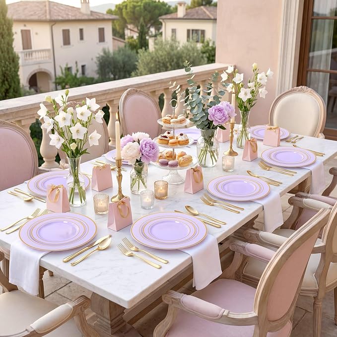 WDF Partyware 350PCS Purple Plates Disposable - Purple Plastic Plates 50Guests Lavender Disposable Dinnerware Sets with Rolled Napkins for Wedding/Birthday/Baby Shower/Bridal Shower