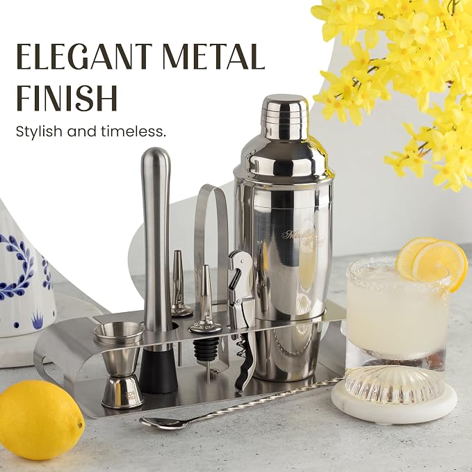 Mixology & Craft Cocktail Shaker Set: Complete Bartender Kit with Metal Stand and Bar Cart Accessories | Includes Exclusive Recipe Cards | Built to Last | Leak-Proof Design