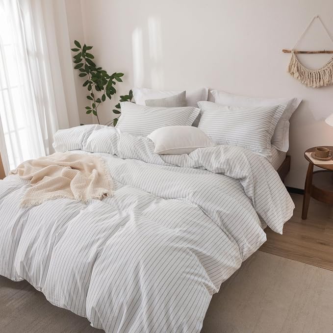Stripe Linen Feel Duvet Cover King Size 104inch x 90inch,100% Washed Cotton Duvet Cover with Zipper Closure and 2 Pillowcases, Stripe of White-Cornflower Blue