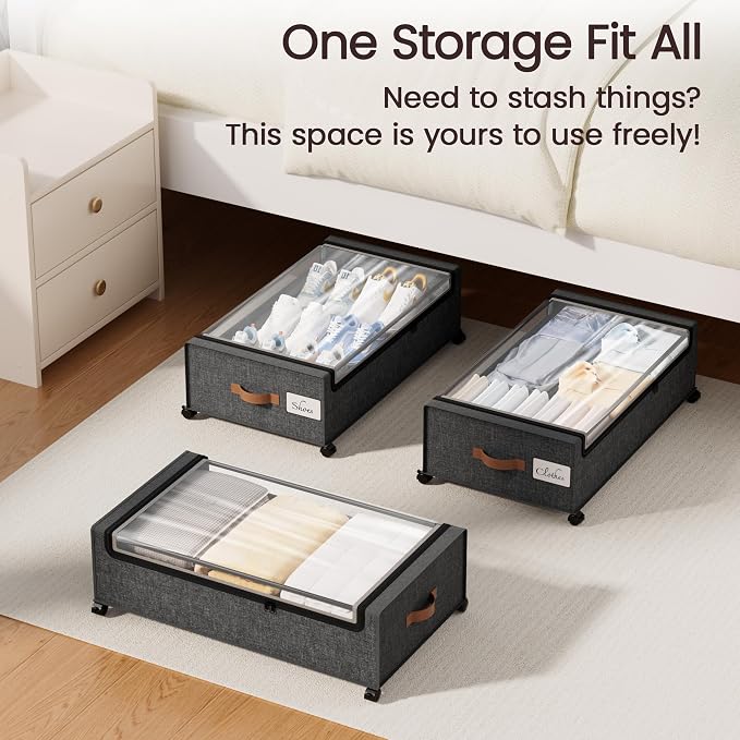 Yecaye 82L Under Bed Storage Containers, Fits 9.4" Under Bed, 2 Pack, Grey | XXL Capacity, 360° Rolling Wheels, Sturdy Metal Frame, Clear Window & Label, Storage Bins for Clothes, Blankets, Shoes