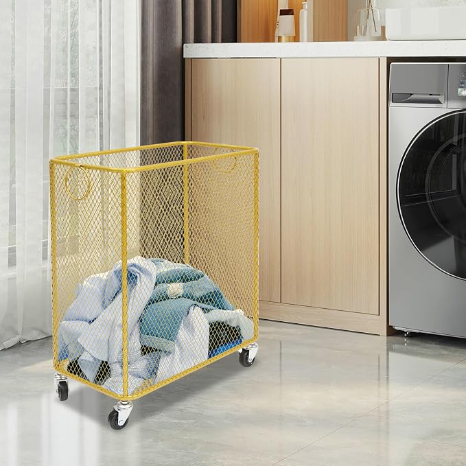 Rolling Laundry Hamper with Wheels Metal Wire Laundry Basket Cart Heavy Duty Clothes Toy Sundries Storage Organize Hamper Bin for Living Room Bathroom Closet Bedroom (Gold, Rectangle)