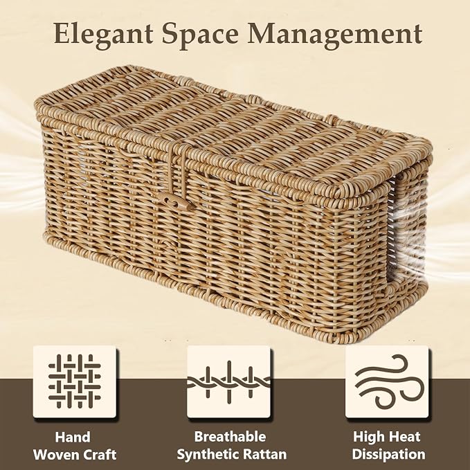 BROWNLILY Cable Management Box, Rattan Style Cord Organizer for Desk Cord Hider Outlet Covers for Power Strip TV PC Router Charger Under Desk Storage - Natural Small