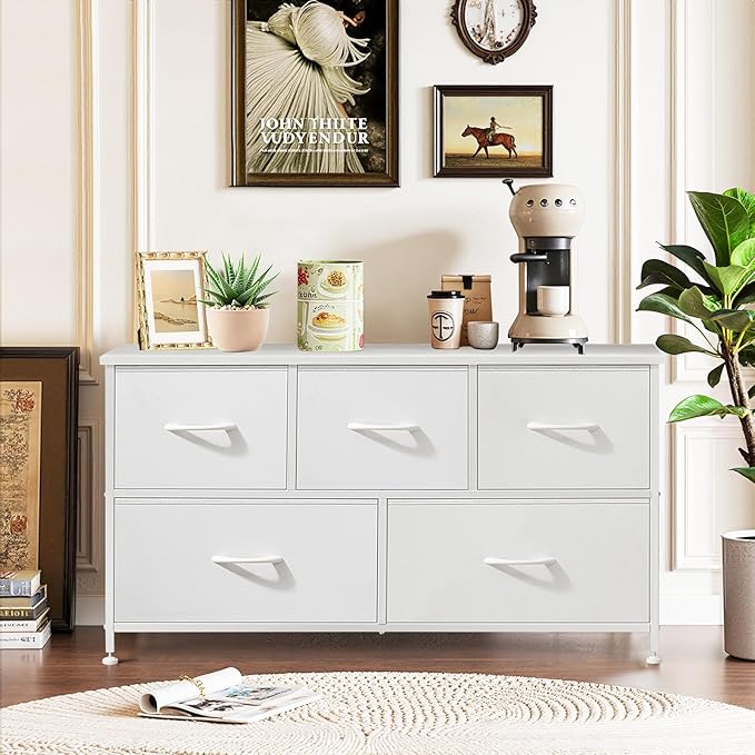 5-Drawer Dresser for Bedroom, Anti-Tip Wide Storage Organizer Fabric Chest of Drawers TV Stand for 45" TV with Wooden Top and Metal Frame for Closet, Living Room, Hallway, Entryway, White