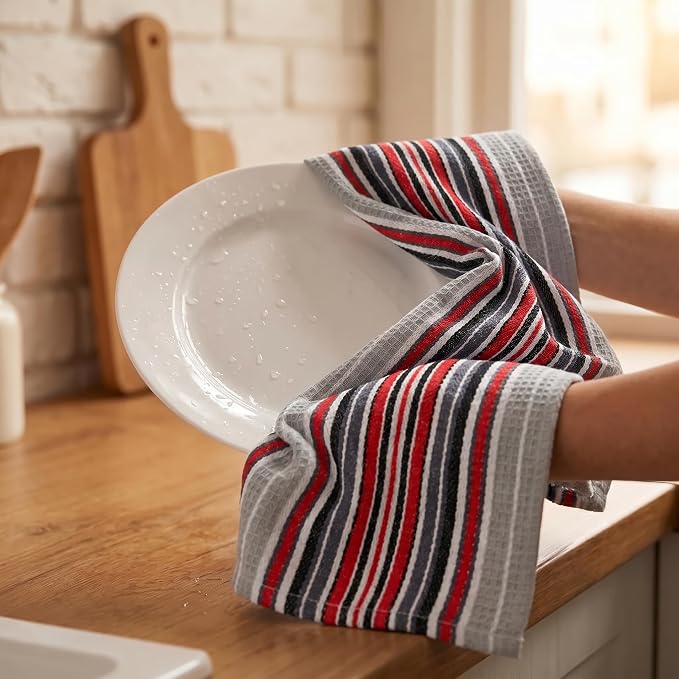 Urban Villa Kitchen Towels Waffle Stripes Dish Towels for Kitchen Grey Color Set of 6 Kitchen Towels Highly Absorbent Cotton Over Sized 20X30 in with Mitered Corners Kitchen Hand Tea Towels