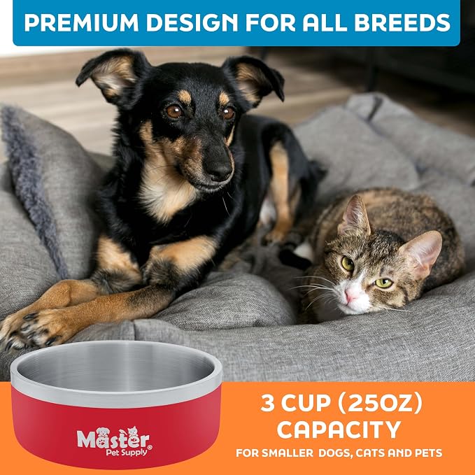 Master Pet Supply Stainless Steel Dog Bowls - 25 oz, Heavy Duty - Crimson Flame, Double Wall Extra-Thick Insulated, Non-Slip Pet Water Bowl for Dogs, Cats & Pets, Anti Rust Metal, Dish Washer Safe