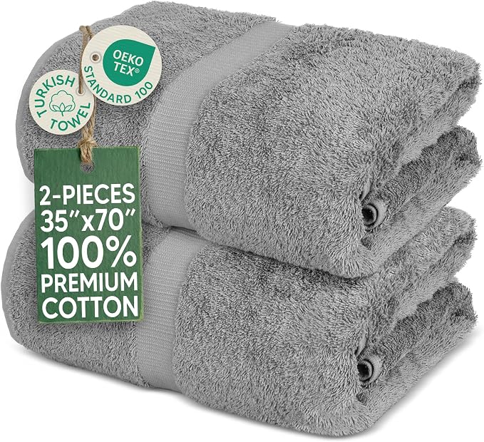 Towel Bazaar 2-Piece Jumbo Bath Towel Set, Cotton Turkish Towels, 35x70 Luxury Towel Super Soft and Absorbent, Perfect Use for Bathroom, Shower Towels - Gray