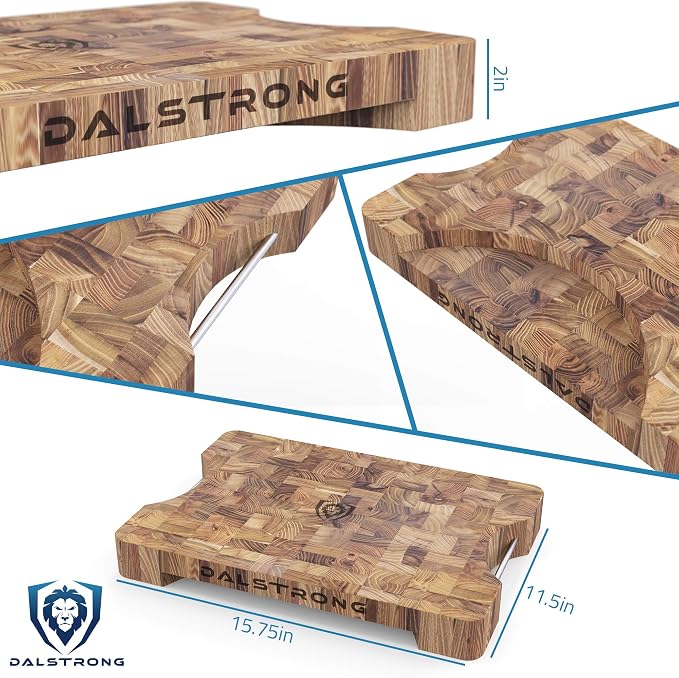Dalstrong Cutting Board-Lionswood End-Grain Teak-16" x 12"-Steel Carrying Handles-Serving Board - Large Cutting Boards For Kitchen-Chopping Meat Cutting Board-Two Sizes