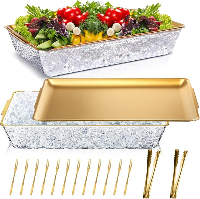 2 Set 16 x 9.45 Chilled Serving Tray for Parties with Compartments Ice Chilled Party Platter Charcuterie Serving Board with Forks Tongs for Fruit Seafood Vegetable Appetizer (Gold)