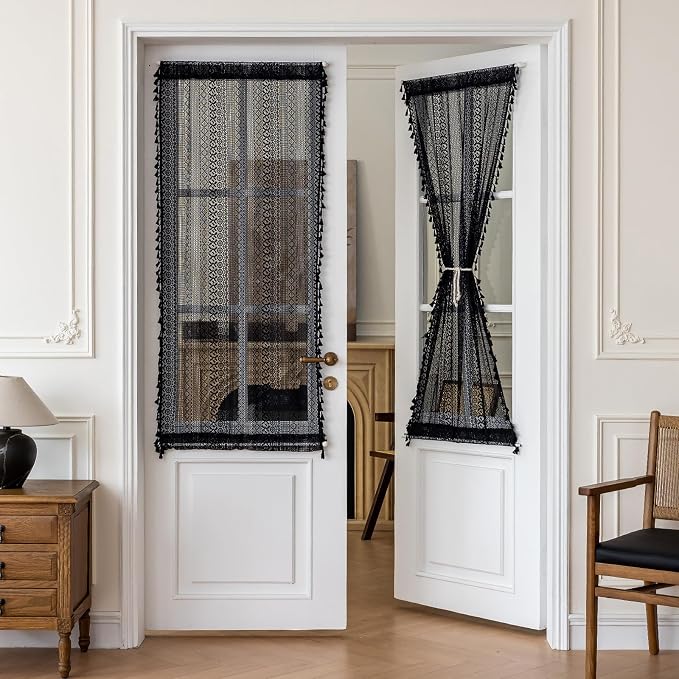 Sutuo Home French Door Curtains for Doorway Glass & Sidelights, Farmhouse Semi Sheer Bohemian Tassels Vintage Chic Privacy Cottagecore Drapes for Door Window, Rod Pocket 2 Panels 25" W x 72" L Black