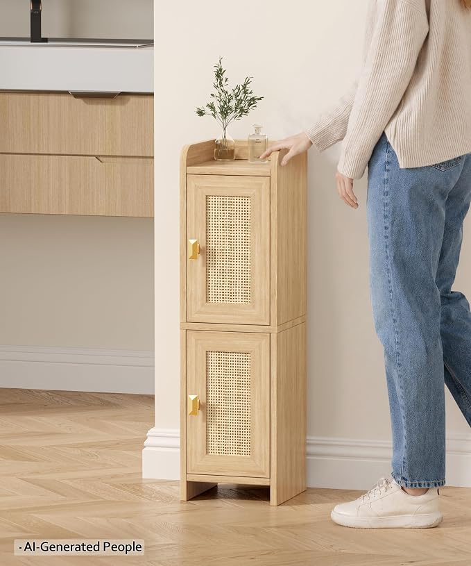 Akxomel Rattan Small Bathroom Cabinet Narrow Toilet Paper Organizer Oak | 7.9''D x 7.9''W Bathroom Organizer and Storage Cabinet for Small Space, Slim Corner Unit with Adjustable Shelf