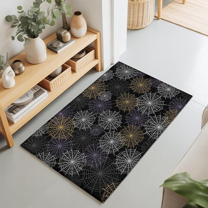 Entryway Area Rug 2'x3', Black Halloween Washable Small Area Rugs for Kitchen Bathroom Bedroom Office Laundry, Purple White Yellow Net Classic Black Door Mat Indoor Entrance Floor Throw Carpet