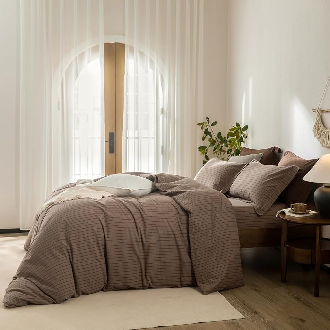 Stripe Duvet Cover King Size 104inch x 90inch,100% Washed Cotton Pinstripe Duvet Cover with Zipper Closure and 2 Pillowcases, Color of Light Brown-Black Stripe