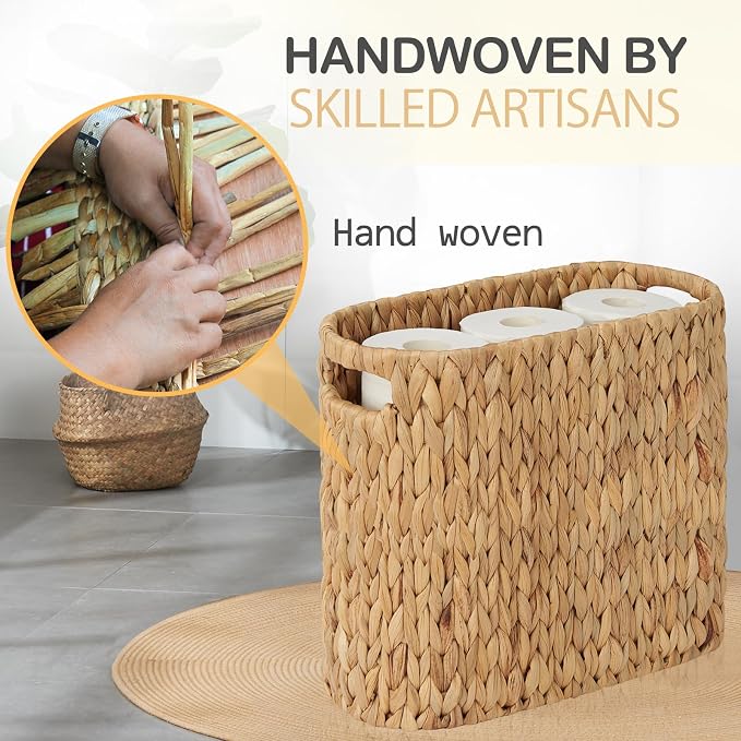 Toilet Paper Storage for 9 Rolls, Water Hyacinth Wicker Toilet Paper Storage Holder, Toilet Paper Basket with Built-in Handles