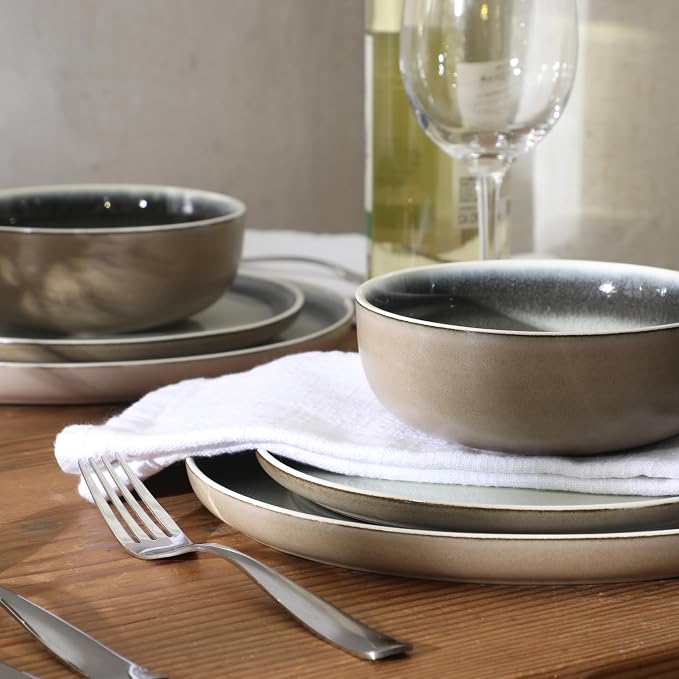 Gibson Elite Island Bay 12-Piece New Bone China Dinnerware Set Service for 4, Reactive Glaze Plates and Bowls, Dishwasher and Microwave Safe, Black and Cream
