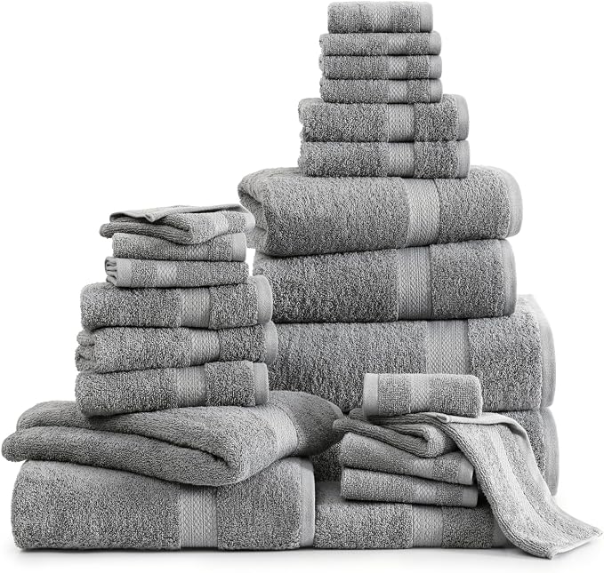 LANE LINEN Towel Set Soft Absorbent Quick Dry 100% Cotton 24 Piece - Grey | Cotton Bath Towels - Lightweight & Breathable, Fade-Resistant Color, Classic Terry Weave, Densely Woven & Durable
