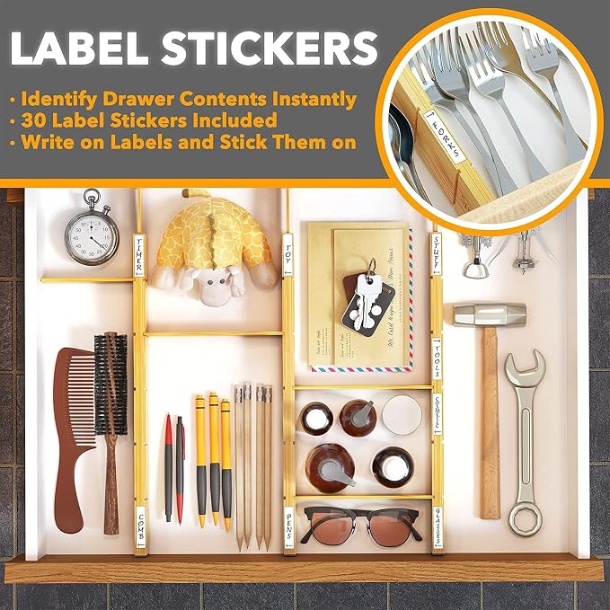 SpaceAid Bamboo Drawer Dividers with Inserts and Labels, Kitchen Adjustable Drawer Organizers, Expandable Organization for Home, Office, Dressers and Bathroom, 6 Dividers with 12 Inserts (17-22 in)