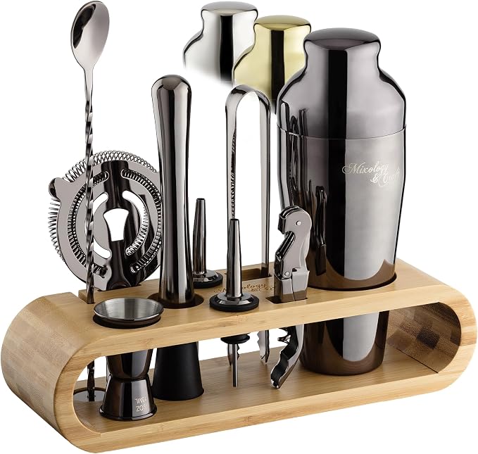 Mixology & Craft Cocktail Shaker Set with Bamboo Stand - Professional 10-Piece Bartender Kit, Complete Bar Set for Home Use with Jigger, Muddler, Strainer, Spoon, Pourers & Corkscrew (Gunmetal)