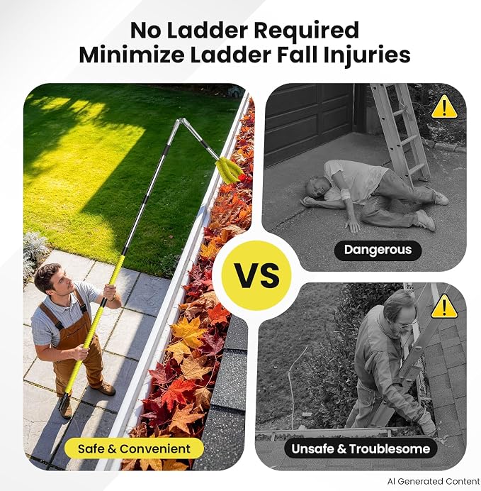 12 FT Gutter Cleaning Tools for Outdoor - Gutter Cleaner Pole with Shovel & Brush for Roof Rain Gutters, Cleans Leaves, Branches & Debris - No Ladder Needed (Yellow)