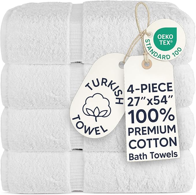 Chakir Turkish Linens 4 Piece Large Bath Towels, 100% Cotton Turkish Towels for Bathroom, Luxury Soft Absorbent Bath Towel Set, 27 x 54 Inches, White