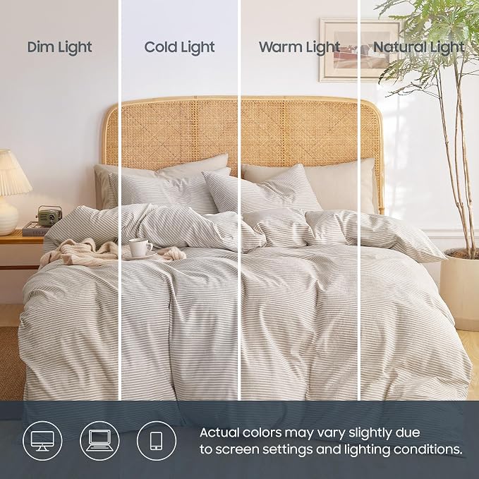 Wake In Cloud - Striped Cotton Duvet Cover Set, 100% Washed Cotton Textured Bedding Set, Ticking Stripe Pinstripe Farmhouse, 3 Pieces, Tan, Queen Size