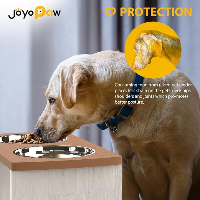 Elevated Dog Bowls, Waterproof Raised Dog Bowl for Medium & Large Dogs, HIPS Poly Lumber Stand with 2 Stainless Steel Bowls, Indoor & Outdoor Use (13'' Tall–68 oz Bowl, Teak - White)
