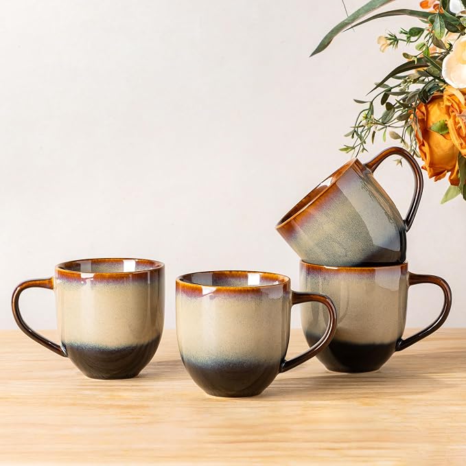 theterra Ceramic Coffee Mugs Set of 4, 12oz Handmade Coffee Cups with Handle for Latte, Tea, Milk, Beer, Hot Cocoa, Coca Mocha