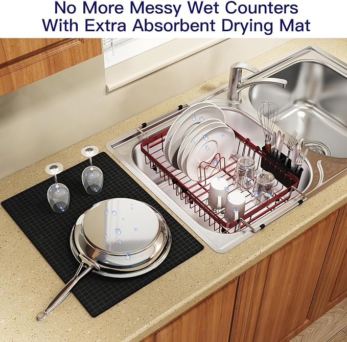 Red Dish Drying Rack Over The Sink with Utensil Holder, Mat | Expandable Stainless Steel Dish Drainer for Small Kitchen, Apartment, RV, Counter Space Saving, Perfect Fit, Rustproof