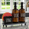 Cisily Amber Kitchen Soap Dispenser Set with Ceramics Sponge Holder | Black Metal Pump Head, Quick-Drying Soil Plate