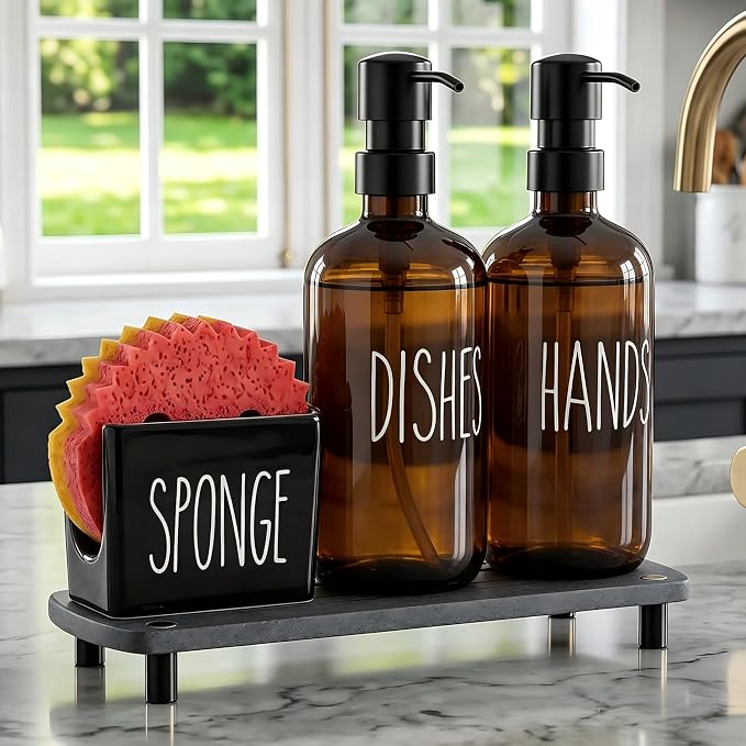 Cisily Amber Kitchen Soap Dispenser Set with Ceramics Sponge Holder | Black Metal Pump Head, Quick-Drying Soil Plate