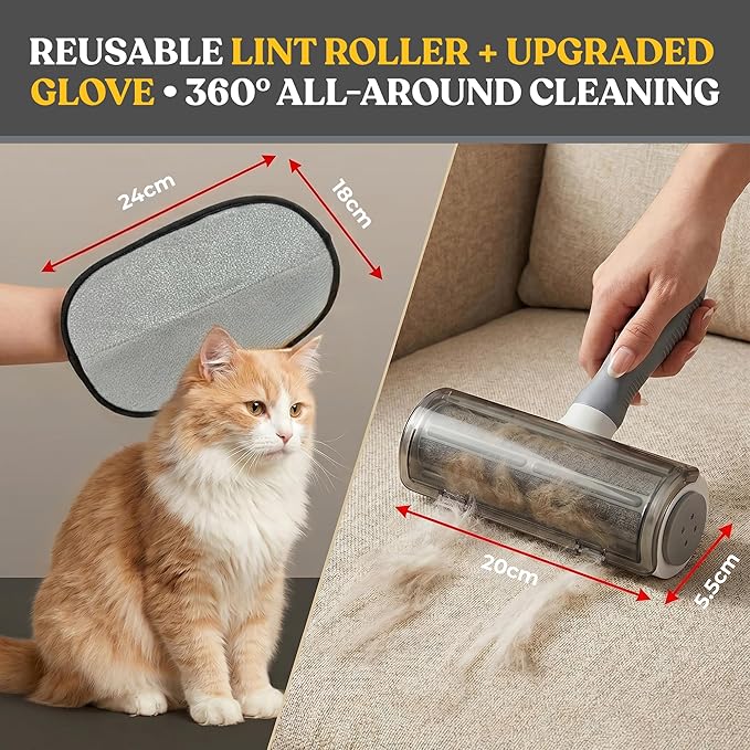 A&O Pet Hair Remover Set for Cats & Dogs – Grooming Gloves & Reusable Lint Roller Combo – Dog Cat Fur Remover for Furniture, Couch, Carpet, Clothes & Car Seats – Washable Electrostatic Deshedding Tool