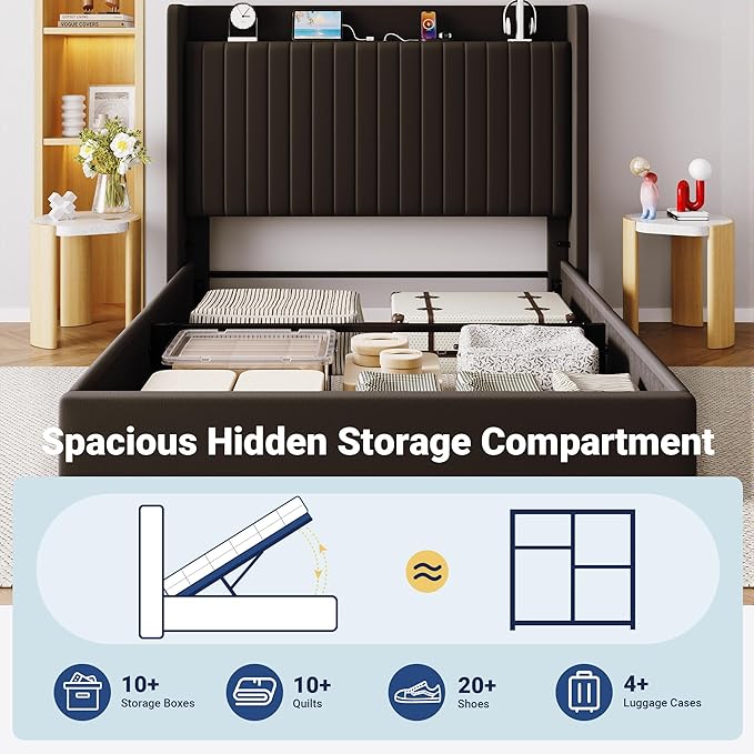 Allewie Full Lift Up Storage Hydraulic Bed Frame,Charging Station,Black | Storage Shelf Headboard with Charging Station,Type-C,USB Ports,Hydraulic Support,Velvet Upholstered,No Box Spring Needed