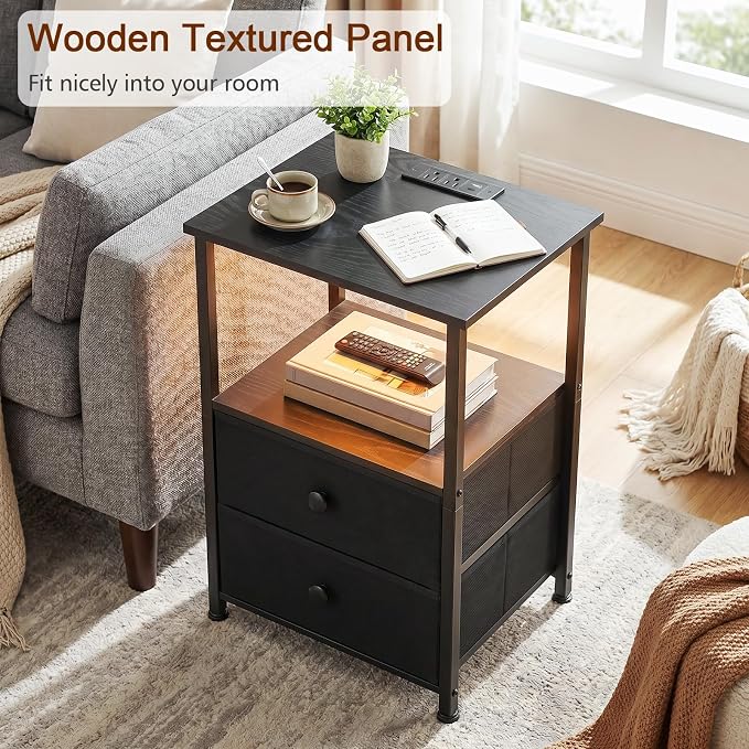 Nightstands Set of 2, LED Night Stand with Charging Station | Bedside Table with Type-C Outlets & 2 Fabric Drawers, End Tables with Storage Shelf for Bedroom, Small Spaces, Black