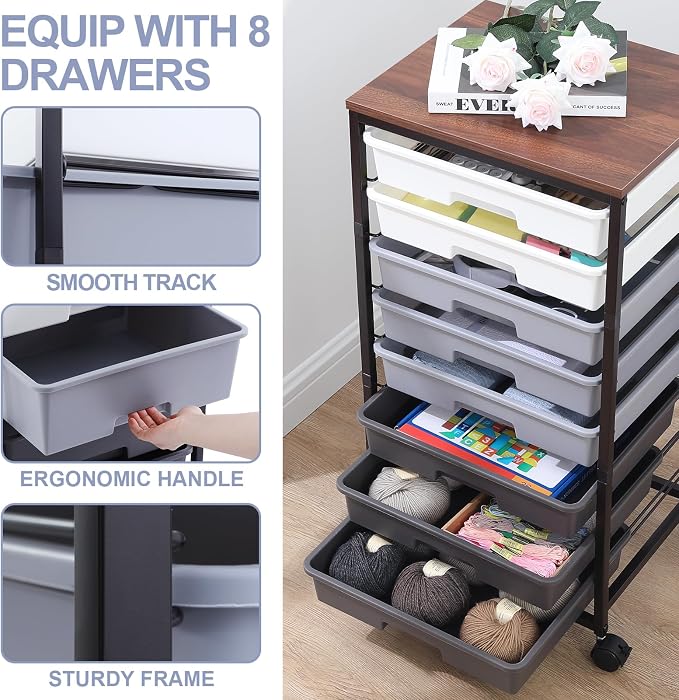 SYKIARIOL Rolling Cart with Drawers,Utility Cart With 8 Drawers and Wooden Tabletop for Living Room,Classroom,Bedroom,Bathroom,Dorm,Office,Dark Grey