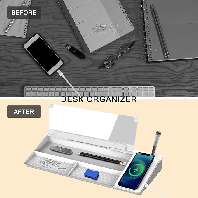 SELEAD Desktop Glass Whiteboard with Wireless Charger & Built-in Mirror, Dry Erase Board Computer Pad Keyboard Stand with Organizer for Home, School, Office Desk Accessories, White
