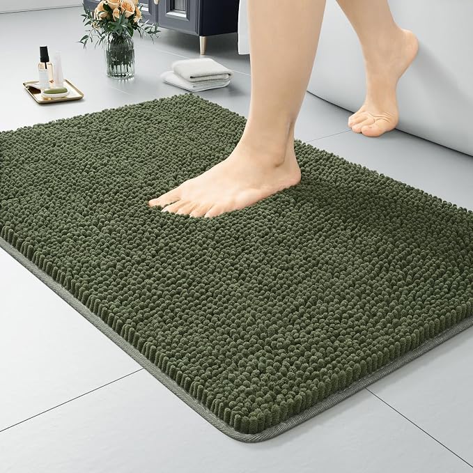 LOCHAS Luxury Bathroom Rug Shaggy Bath Mat 24 x 36 Inch, Olive Green | Washable Non Slip Bath Rugs for Bathroom Shower, Soft Plush Chenille Absorbent Carpets