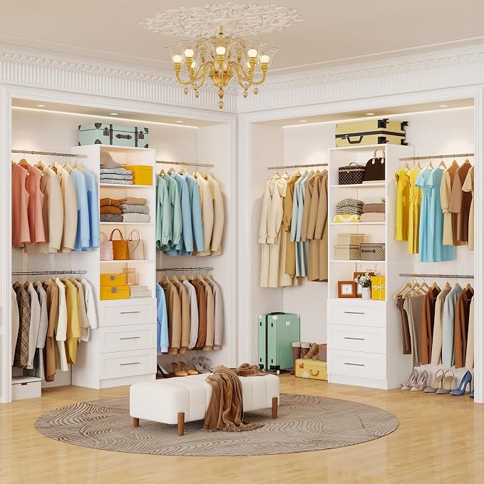 Closet System with 6 Drawers, 5-14FT Custom Closet Organizer System with 8 Expandable Hanging Rods&Adjustable Shelves, Modular Wood Closet Systems Tower for Walk in Closet Storage, 2 Sets, White