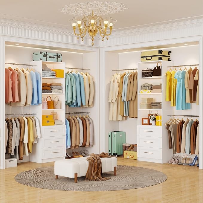 Fastgo Closet System with Drawers, 5-9FT Closet Organizer System with 4 Expandable Rods & Adjustable Shelves for Walk in Closet, 96” Built in Closet System Tower, Small Closet Storage System, White