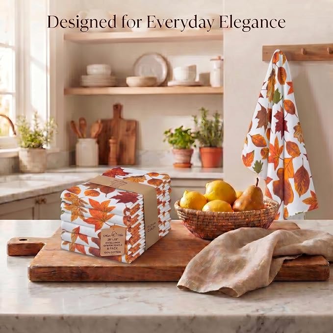Urban Villa Kitchen Towels Harvest Leaves Print Dish Towels Set of 6 20" X30” 100% Cotton Highly Absorbent Quick Drying Dish Cloths & Dish Towels Thanksgiving Fall Tea Towels with Hanging Loop Towels