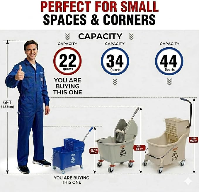 MATTHEW Cleaning Blue 22Quart Compact Mop Bucket INCL.2 Pcs Mop Head with Side Press Wringer On Wheels,Tandem Portable Floor Cleaning Wavebrake,Ideal for Household,Industrial,Restaurant,Janitorial Use