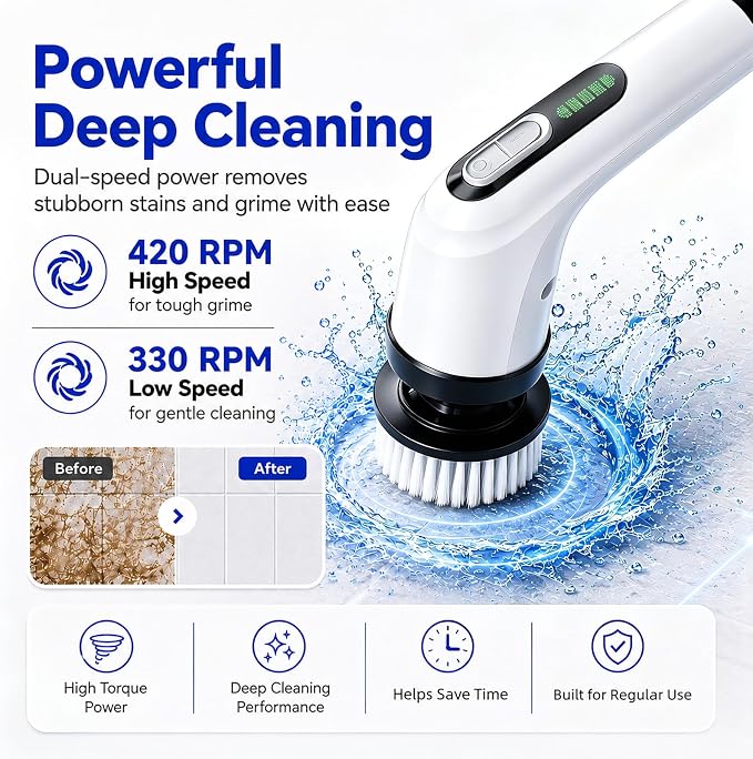 Highyes Electric Spin Scrubber for Bathroom, IPX7 Waterproof Shower Scrubber with Extendable Long Handle, Bathroom Cleaning Scrubber with 7 Reusable Brush Heads