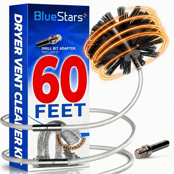 [New] BlueStars 60FT Dryer Vent Cleaner Kit with Drill Attachment | Flexible lint remover brush extends up to 60 ft and works with or without a power drill
