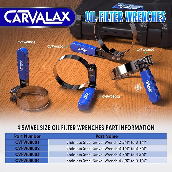 CARVALAX 8PCS Oil Filter Wrench Set – Stainless Steel Swivel Wrenches (1-3/4”to 5-1/4”), 9” & 12” Adjustable Pliers, Universal 3-Jaw Remover with Adapter, Organized in Storage Case for Auto Repair