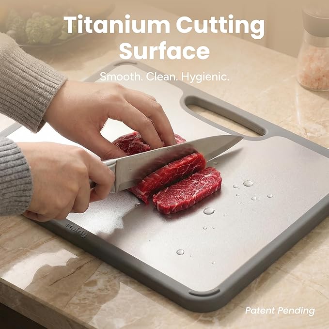 SMIRLY Titanium Cutting Board for Kitchen, with Holder, 3 Pack, Silver | Food-grade Titanium Surface with a Non-porous, Double-sided Design for Easy Cleaning and Hygienic Food Prep