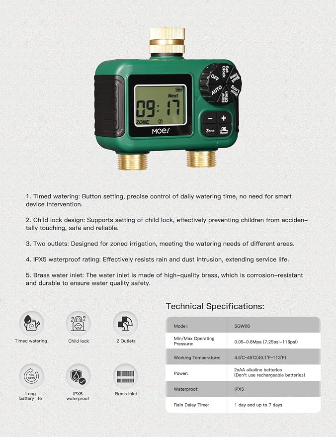 MOES 2 Outlet Sprinkler Timer, Brass Inlet & Outlet, Programmable Automatic Irrigation Controller, Rain Delay, Manual Watering, 2 Zone Water Hose Timer for Gardens, Lawns, and Hose Systems