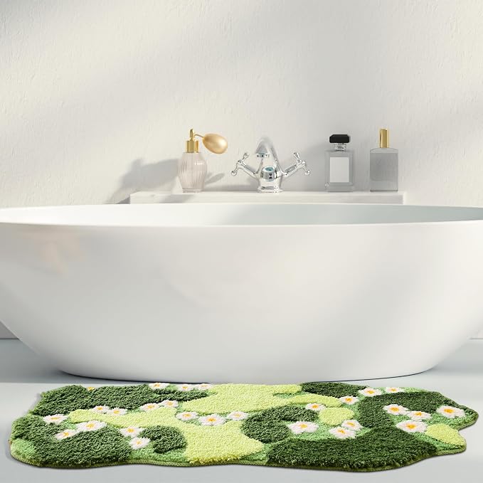 YIKUSH Bathroom Rugs Green Bath Mat Cute Moss Rug with Small White Flowers Non Slip Door Mat for Bedroom and Kitchen Soft Washable Rug Floral Bath Mats (43x20 inch)