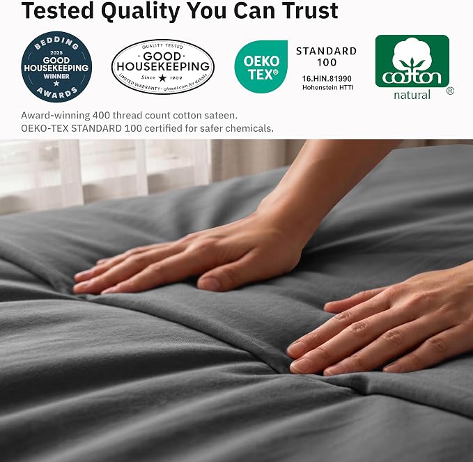 California Design Den 3-Piece Oversized King Duvet Cover Set - 400 Thread Count Sateen, Soft Comforter Cover Set, Button Closures, Corner Ties, Durable Bedding - Grey