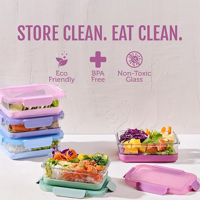 Ello Duraglass Refresh 3.4 Cup Meal Prep Containers, 10 Pc, Dusk Delight | Glass meal prep container set with silicone boots, airtight leakproof BPA-free lids, microwave, freezer & dishwasher safe