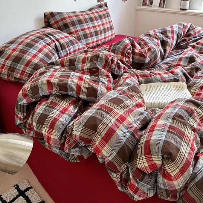 mixinni Vintage Red & Brown Buffalo Plaid Duvet Cover Set Full Size - 3 Piece Washed Cotton Bedding Set with Classic Checkered Pattern, Cozy Farmhouse Duvet Cover with Pillowcases for All Seasons