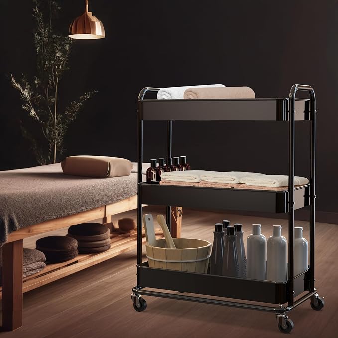 Simple Houseware 26" Extra-Wide 3-Tier Heavy Duty Metal Utility Cart, Black | High-Capacity Rolling Cart Organizer for Spa, Salon, Office, and Home Storage