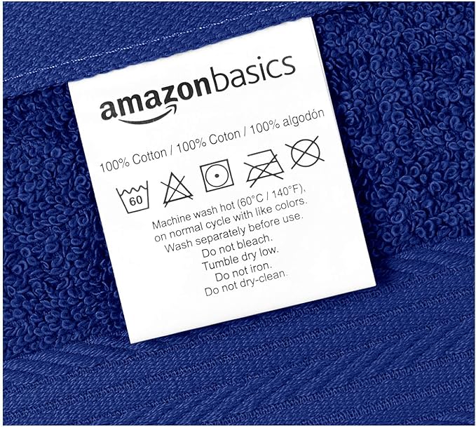 Amazon Basics Highly Absorbent Fast Drying 100% Cotton Washcloths for Face, Soft, Machine Washable, Fade-Resistant, 12" x 12", Navy Blue, 12-Pack